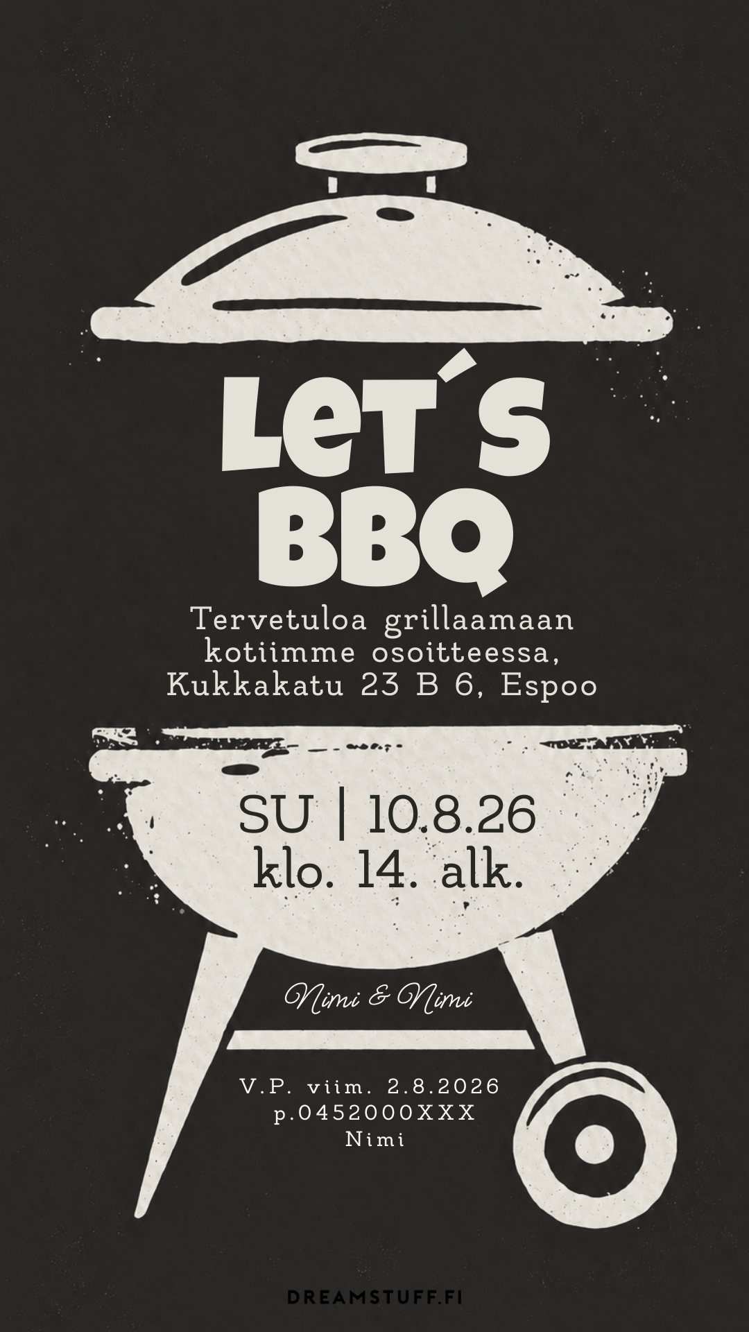 Muokattava digitaalinen grillijuhlakutsu mustavalkoisella pallogrillikuvituksella, retrohenkinen BBQ-kutsu kesäjuhliin.