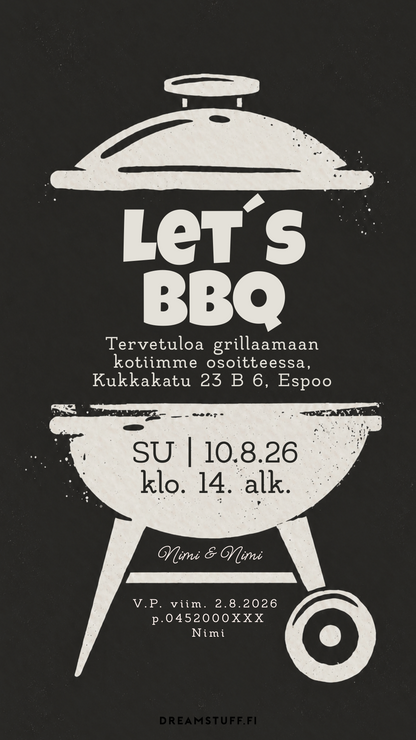Muokattava digitaalinen grillijuhlakutsu mustavalkoisella pallogrillikuvituksella, retrohenkinen BBQ-kutsu kesäjuhliin.