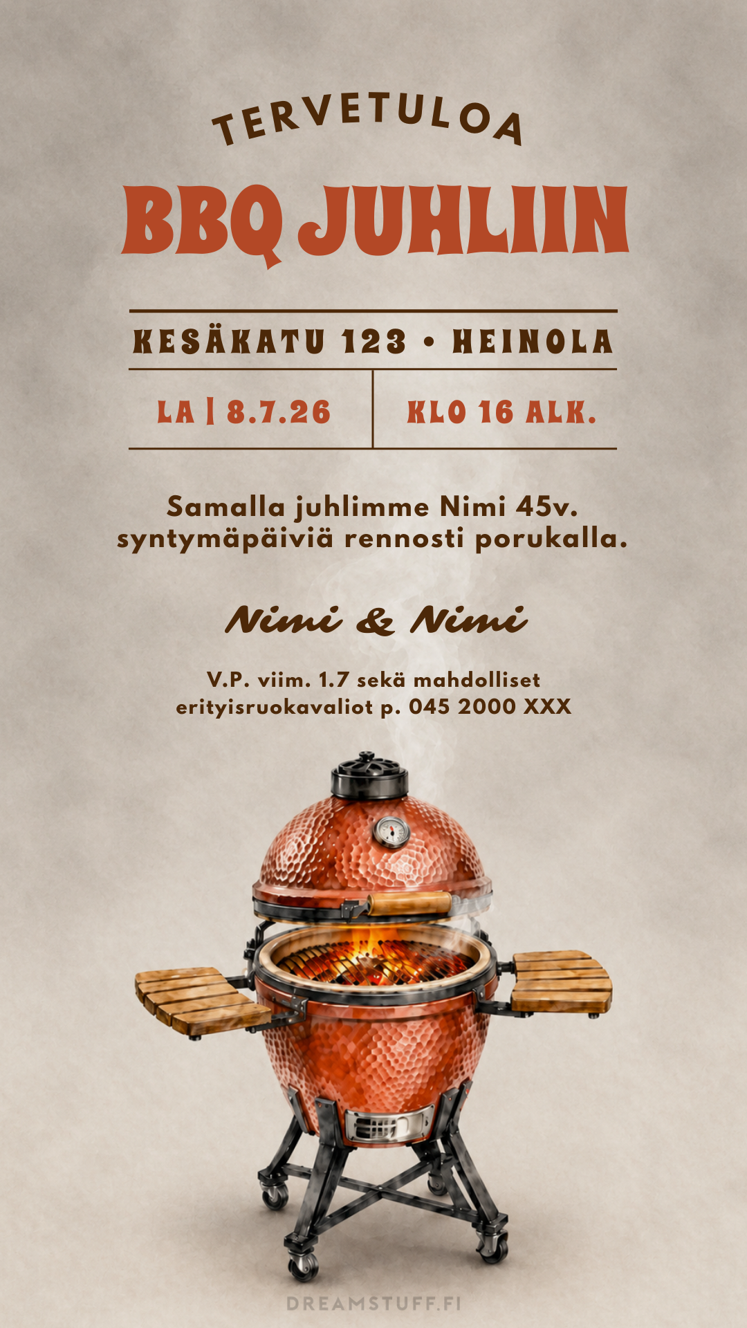 Digitaalinen grillijuhlakutsu punamullan sävyisellä kamadogrillillä, muokattava BBQ-kutsu syntymäpäiville ja kesäjuhliin.