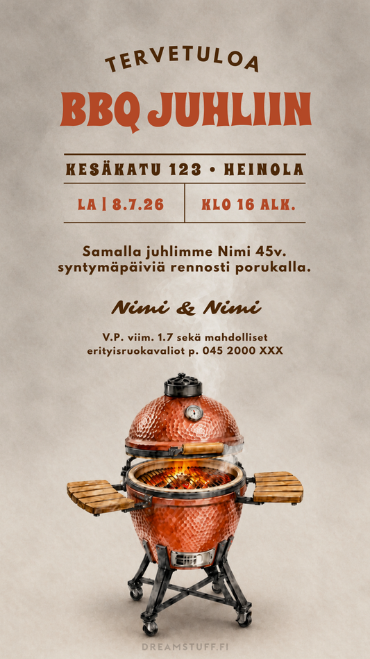 Digitaalinen grillijuhlakutsu punamullan sävyisellä kamadogrillillä, muokattava BBQ-kutsu syntymäpäiville ja kesäjuhliin.