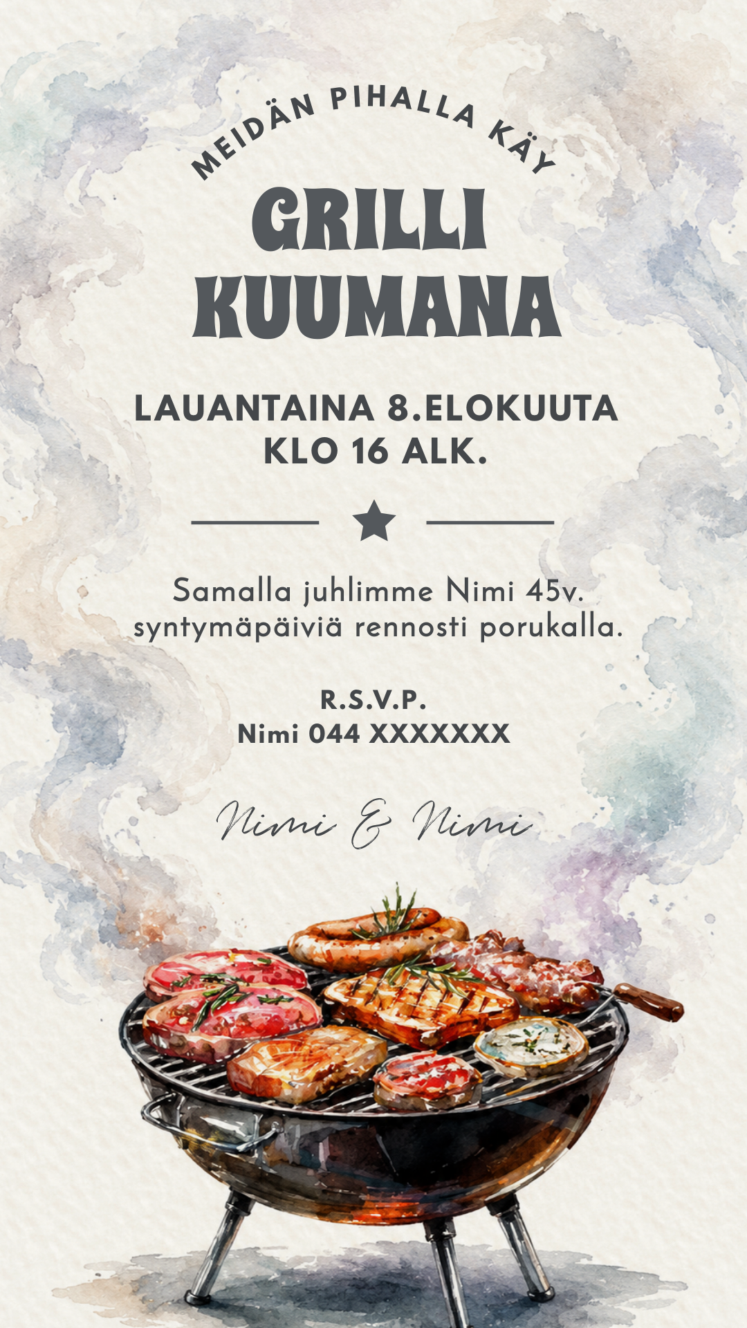 Muokattava digitaalinen grillikutsu vesivärikuvitetulla pallogrillillä ja grilliruoilla, sopii kesäisiin BBQ-juhliin.