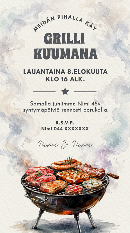Muokattava digitaalinen grillikutsu vesivärikuvitetulla pallogrillillä ja grilliruoilla, sopii kesäisiin BBQ-juhliin.