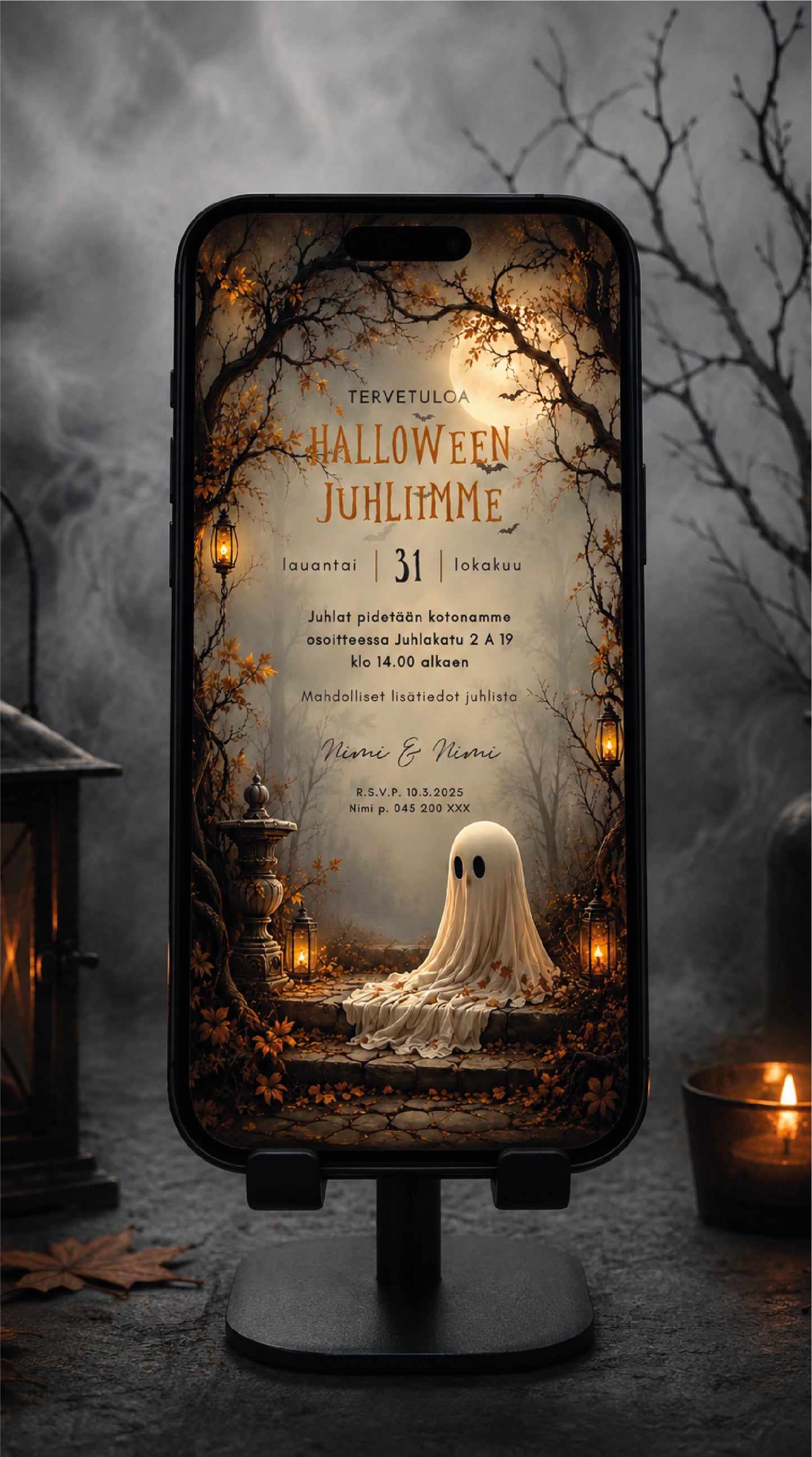 Digitaalinen Halloween kutsu – Kummitus portailla | Muokattava kutsu (JPG)