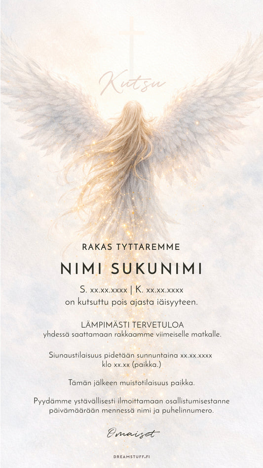Vaalea akvarellikuvitus enkelistä siivet levällään – hautajaiskutsun pohjakuva sekä painettuun että digitaaliseen, reaaliaikaisesti muokattavaan kutsuun.