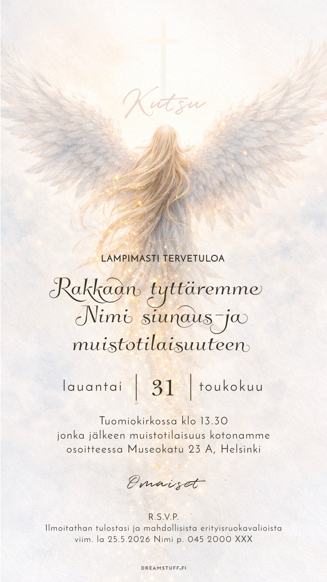 Digitaalinen hautajaiskutsu - Enkeli | Muokattava kutsu JPG