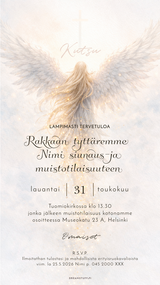 Digitaalinen hautajaiskutsu - Enkeli | Muokattava kutsu JPG