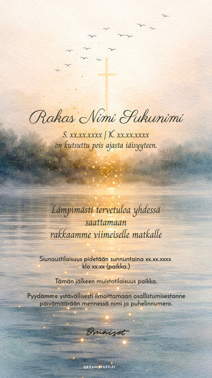 Tyyni merimaisema auringonlaskussa akvarellityylillä – hautajaiskutsun pohjakuva digitaaliseen ja reaaliaikaisesti muokattavaan kutsuun.