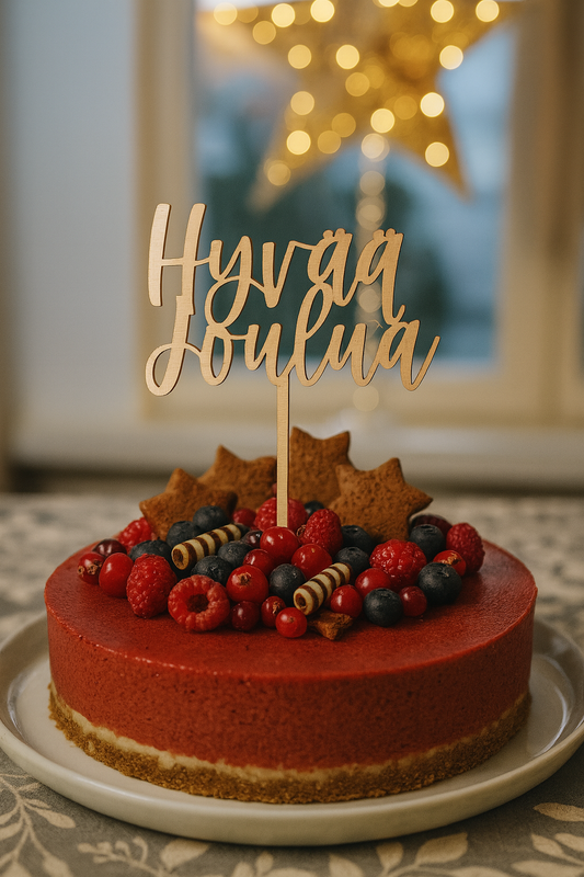 Hyvää Joulua -kakkukoriste koivuvanerista joulukakun päällä – kotimainen käsityönä valmistettu koriste. Dreamstuff