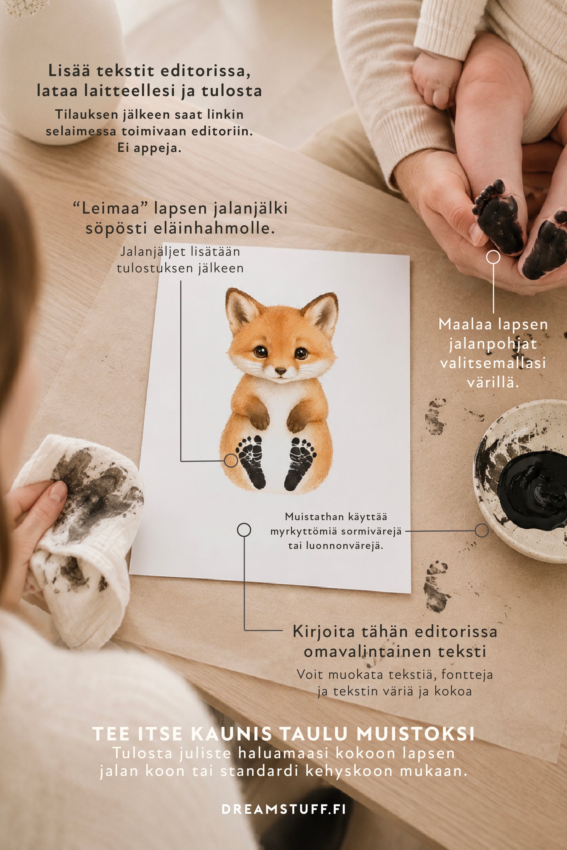 DIY vauvan jalanjälkijuliste ketunpoikasella – lisää tekstit editorissa, tulosta itse ja leimaa lapsen jalanjäljet julisteeseen. Digitaalinen muistotaulu lastenhuoneeseen.