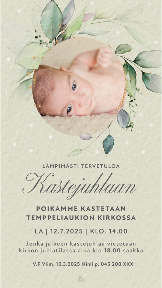 Digitaalinen kutsu kastejuhlaan / nimiäisiin omalla kuvalla - Vihreä