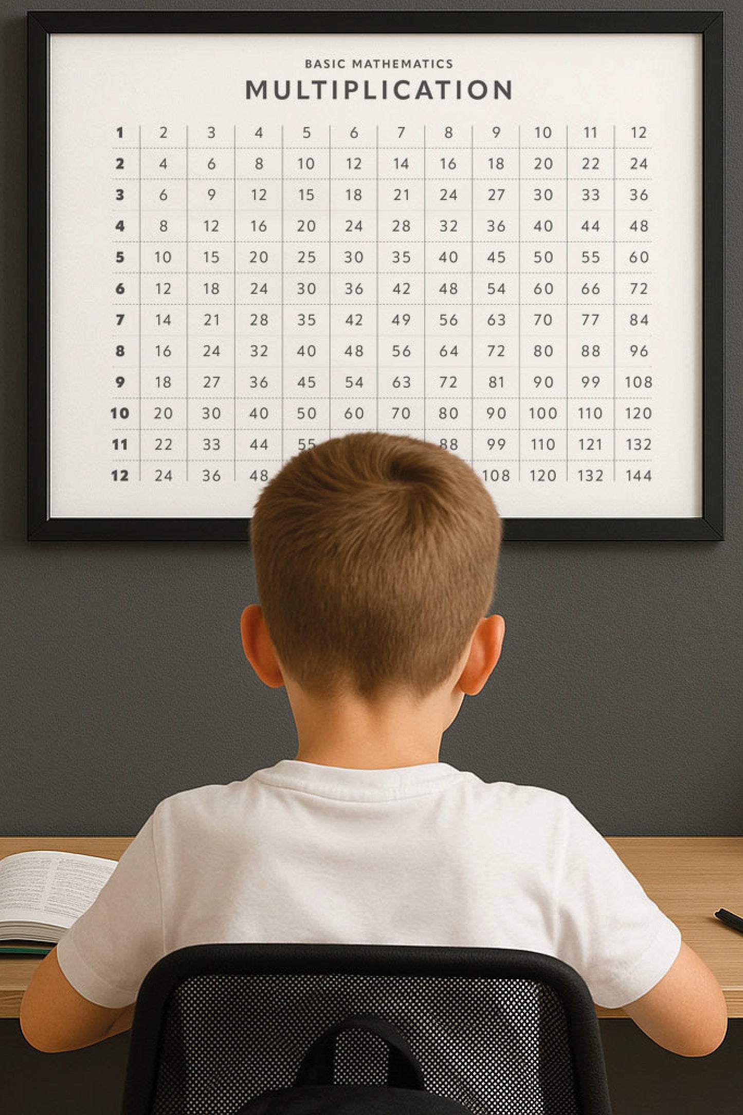 Personoitava kertotaulujuliste 1–12 lapsille työpöydällä. Tulostettava oppimisjuliste sisältää kertotaulut, "Minä osaan" -checklistan sekä tilan matematiikan kokeiden ja harjoitusten muistiinpanoille. Vaalea skandinaavinen oppimisympäristö, jossa matikkakirja, lyijykynä, kumi ja teroitin tukevat matematiikan harjoittelua.