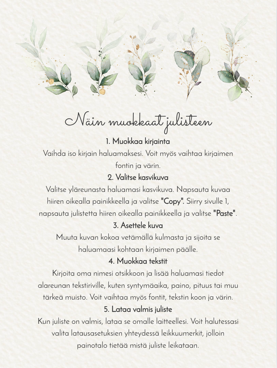 Kirjain kasvi juliste 50 x 70 cm – Tulosta itse / muokkaa | PDF tiedosto
