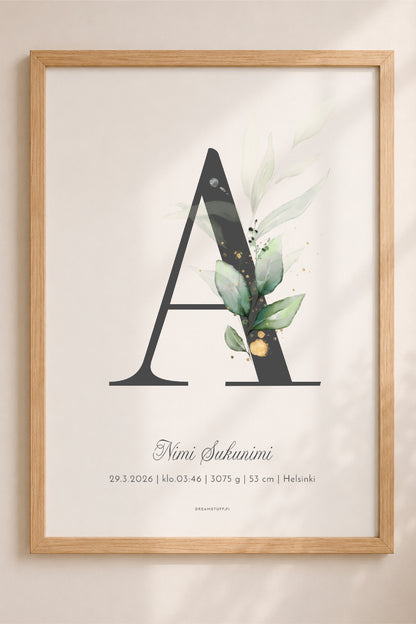 Tyhjä 50 x 70 cm puukehys lastenhuoneen seinällä – mockup personoitavalle kirjainjulisteelle, vaalea skandinaavinen sisustus.