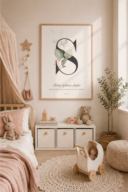 Personoitava kirjainjuliste kukkakuvituksella lastenhuoneen seinällä – 50 x 70 cm printable nimijuliste vauvalle, vaalea skandinaavinen sisustus.