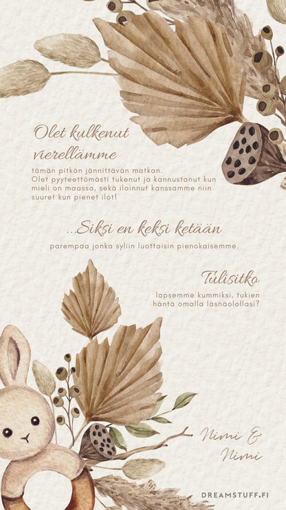 Digitaalinen kummipyyntökortti boho tyyliin pupuhelistimell – sukupuolineutraali tulisitko kummiksi kortti vauvan kummille