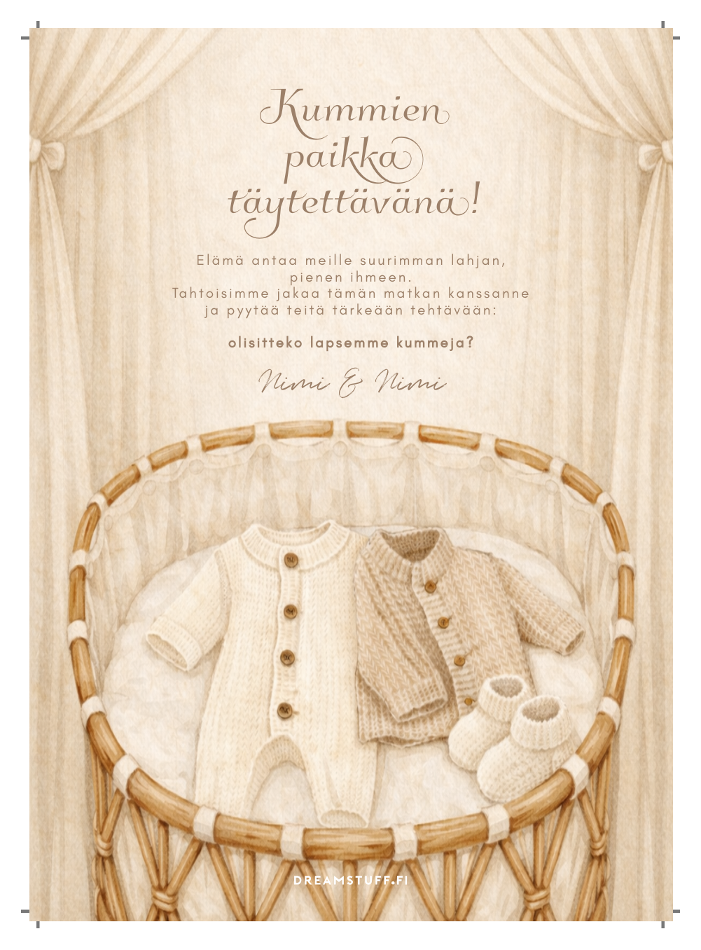 Tulisitko kummiksi -kortti vauvan sänky -kuvituksella – muokattava ja tulostettava A5 kummipyyntö PDF Dreamstuff