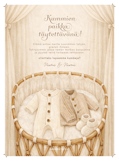 Tulisitko kummiksi -kortti vauvan sänky -kuvituksella – muokattava ja tulostettava A5 kummipyyntö PDF Dreamstuff
