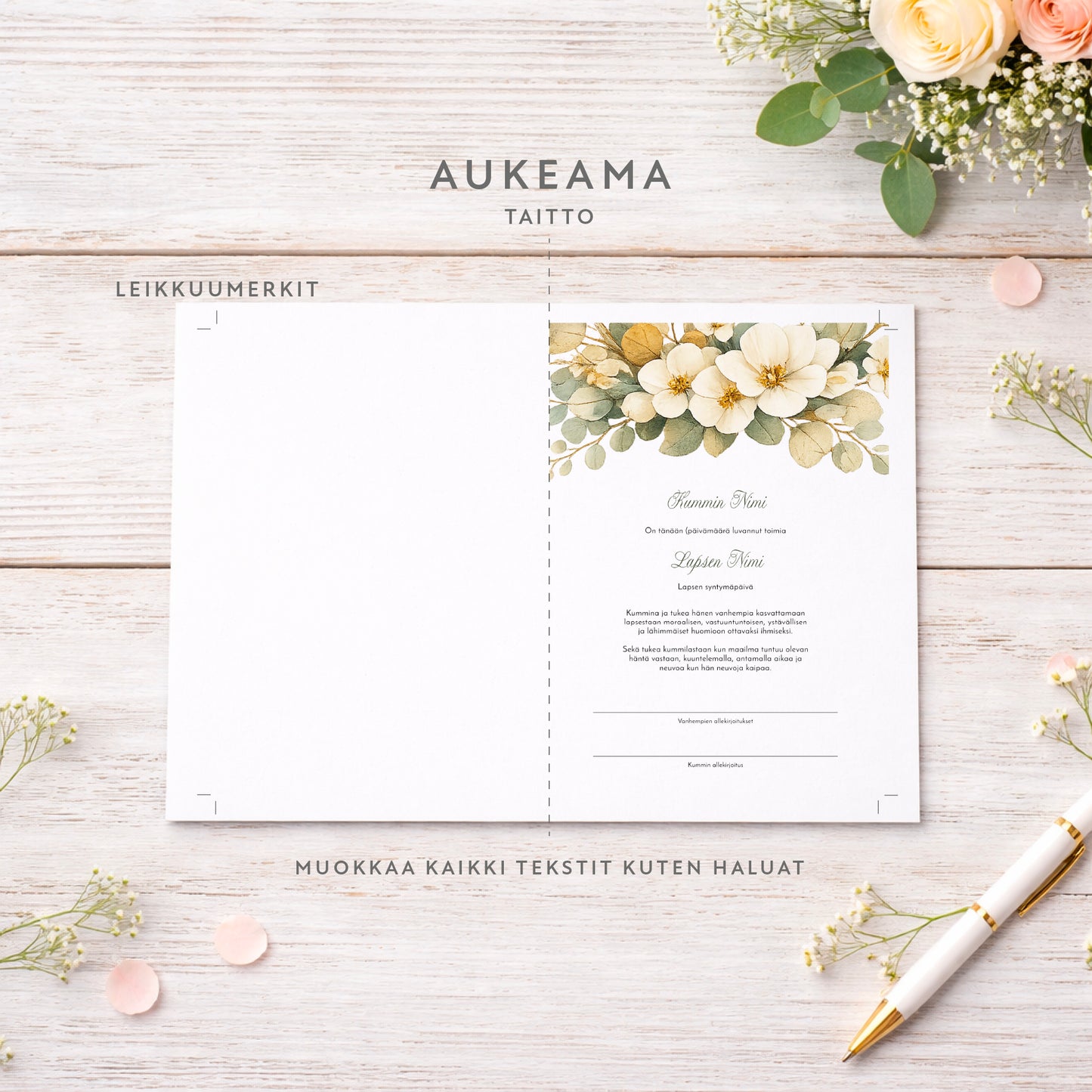 Kummitodistus – Kukat kansikuvalla (A5 taitettava, ladattava PDF)