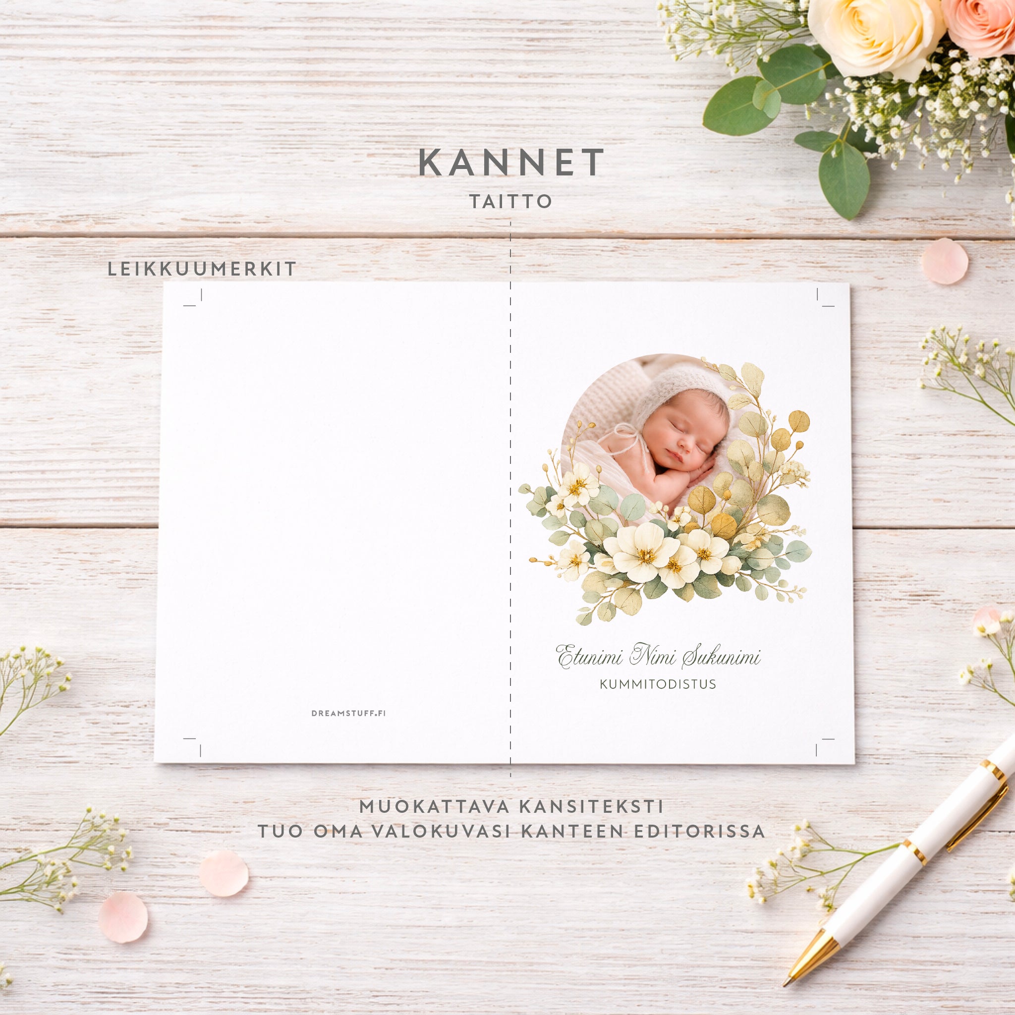 Kummitodistus kastejuhlaan omalla kuvalla – tulostettava PDF-pohja