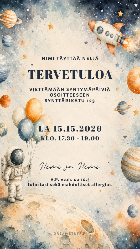 Raketti ja avaruus sähköinen lasten synttärikutsu – astronautti ja planeetat vesivärityylisessä kutsupohjassa | Dreamstuff