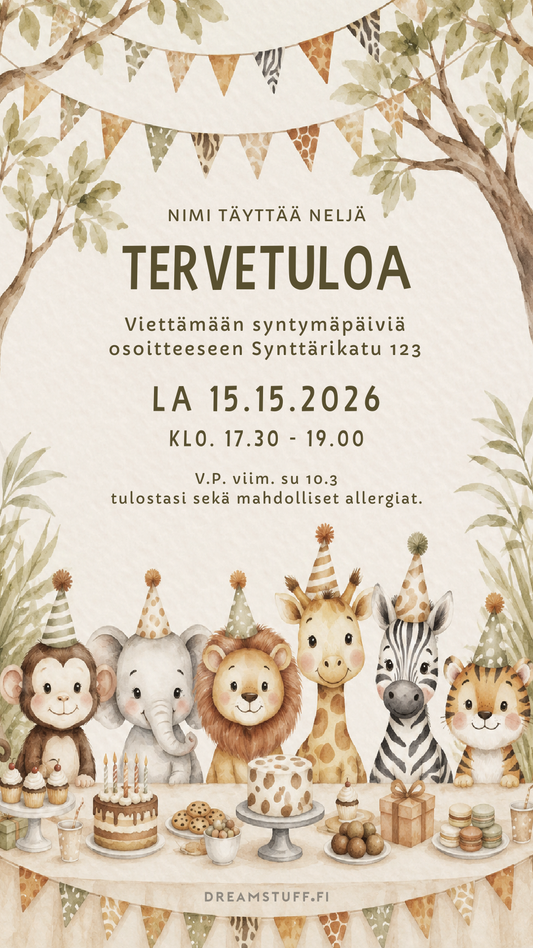 Safari Party sähköinen lasten synttärikutsu – vesivärityylinen safari eläin kutsupohja viidakkoteemaan | Dreamstuff
