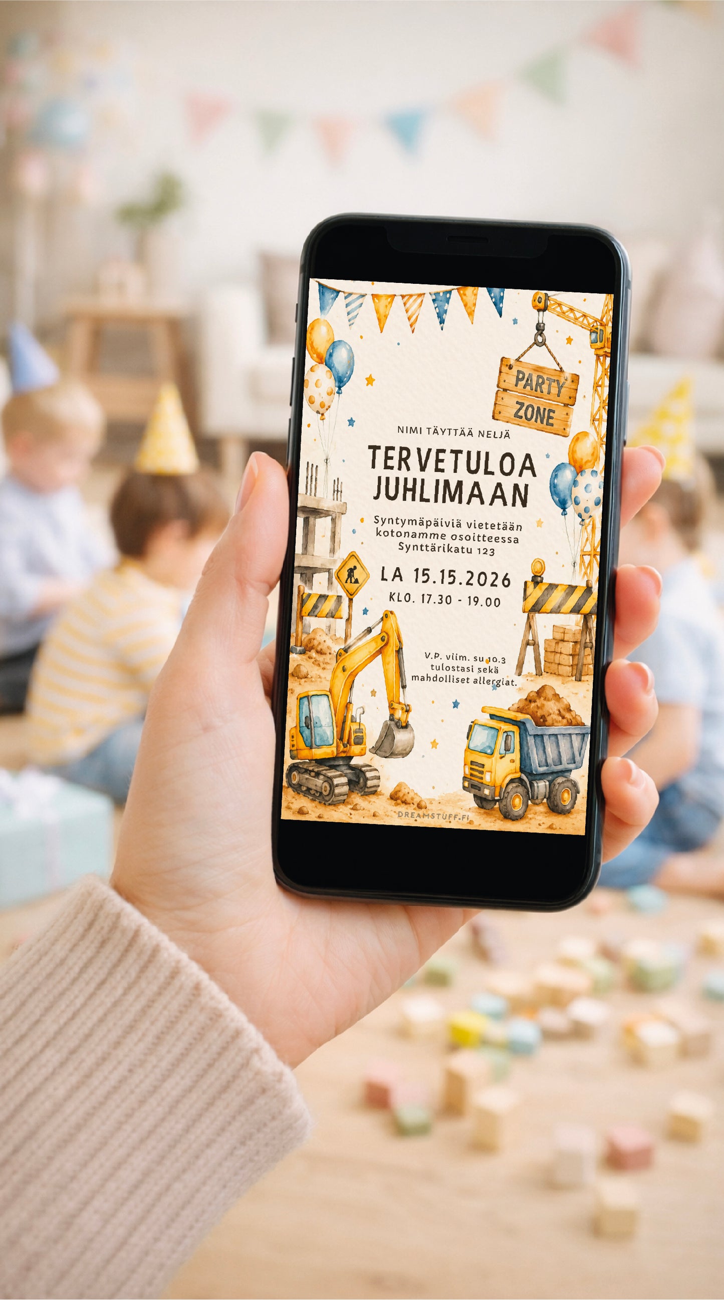Digitaalinen työmaa-aiheinen syntymäpäiväkutsu kännykän näytöllä lasten syntymäpäiväjuhlissa – helposti muokattava kutsu.