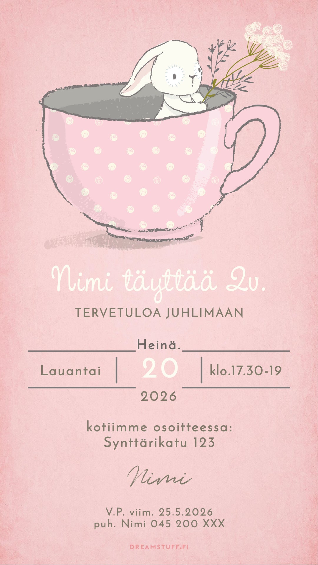 Digitaalinen lasten syntymäpäiväkutsu - Pupu vaaleanpunainen