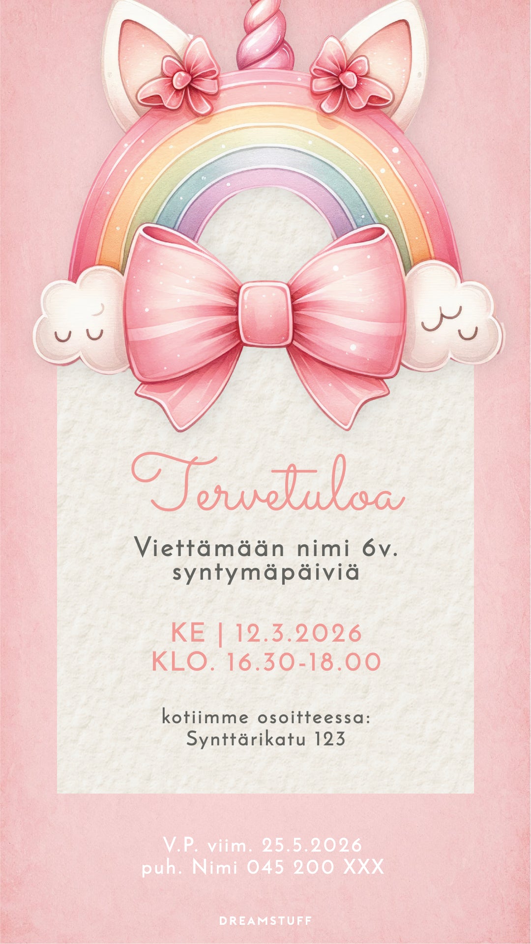 Digitaalinen lasten synttärikutsu - Yksisarvinen sateenkaari