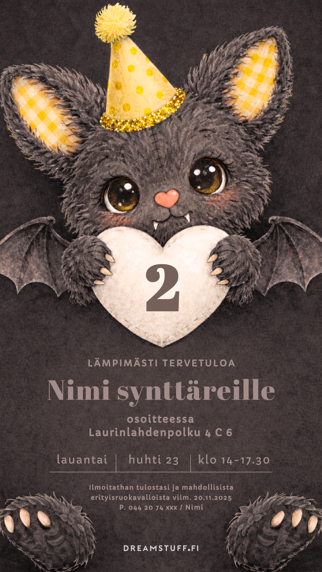 Digitaalinen lasten syntymäpäiväkutsu pehmolepakko-hahmolla, tumma tausta ja sydänkoriste – muokattava synttärikutsu