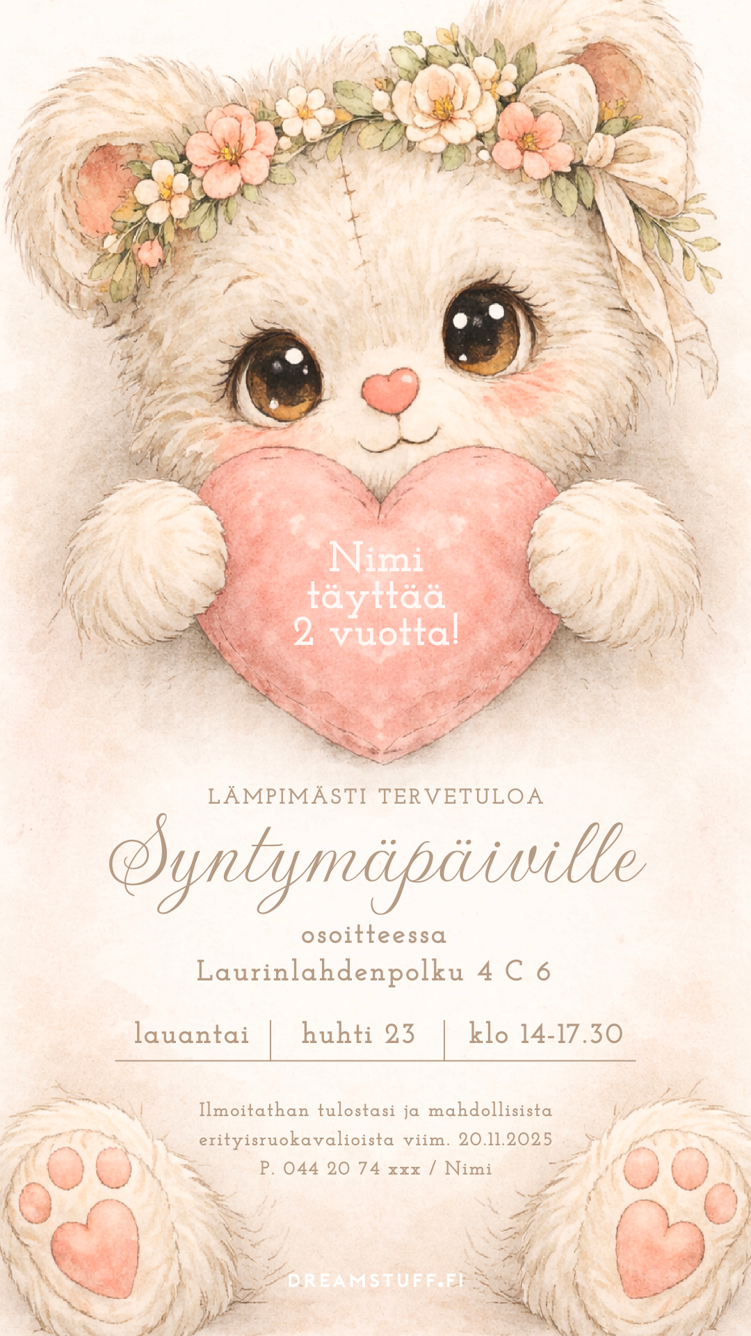 Digitaalinen lasten syntymäpäiväkutsu kukkapäisellä pehmonallella, pastellisävyinen kutsupohja synttäreille