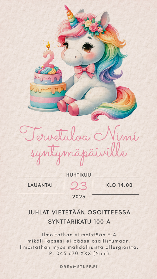 Digital children's invitations with the theme - Unicorn and cake