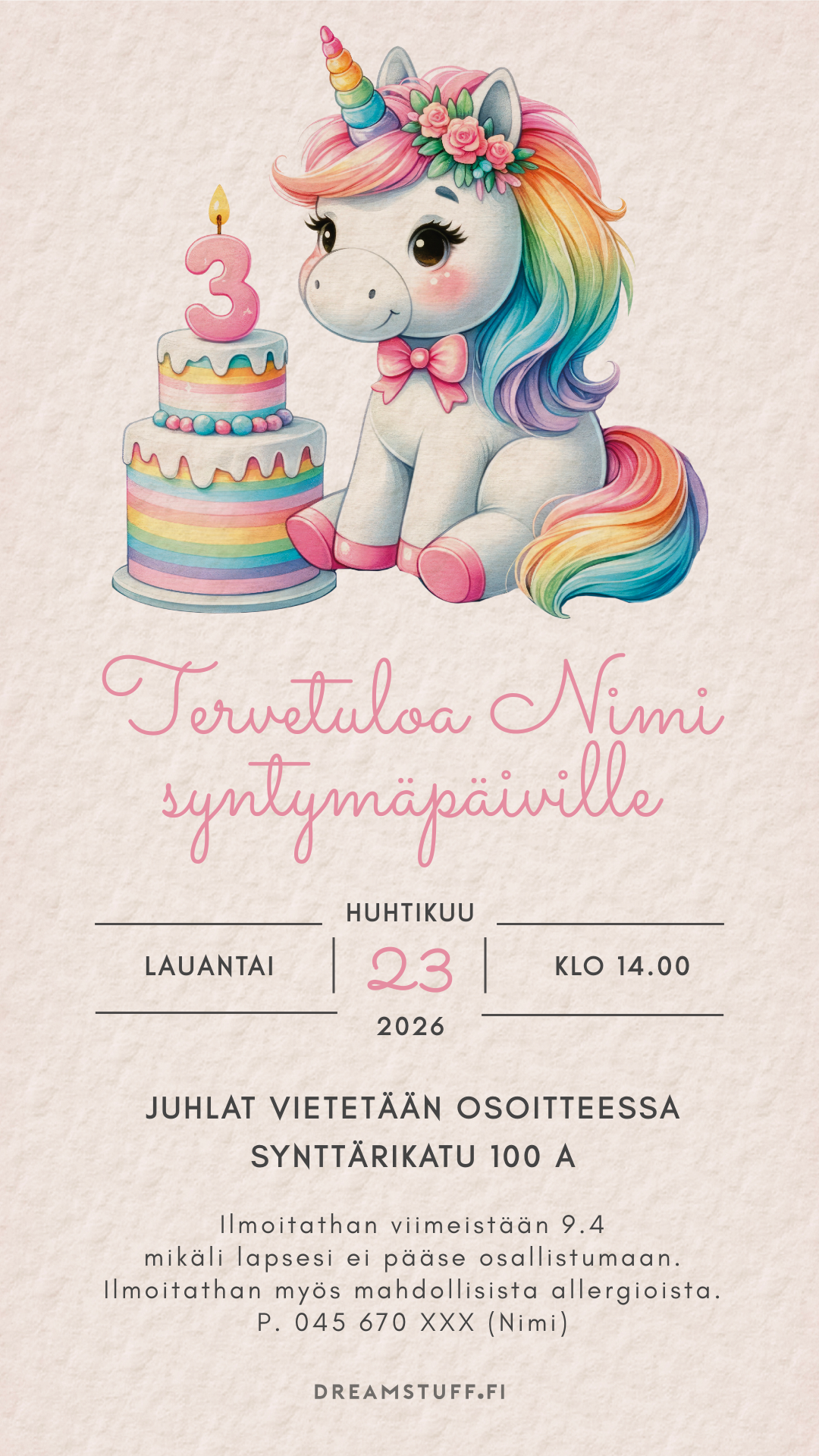 Digital children's invitations with the theme - Unicorn and cake