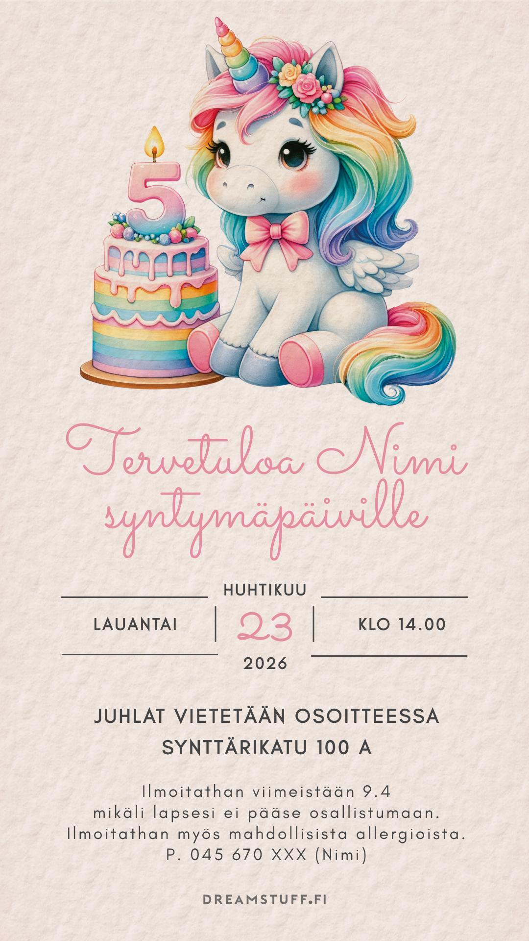 Digital children's invitations with the theme - Unicorn and cake