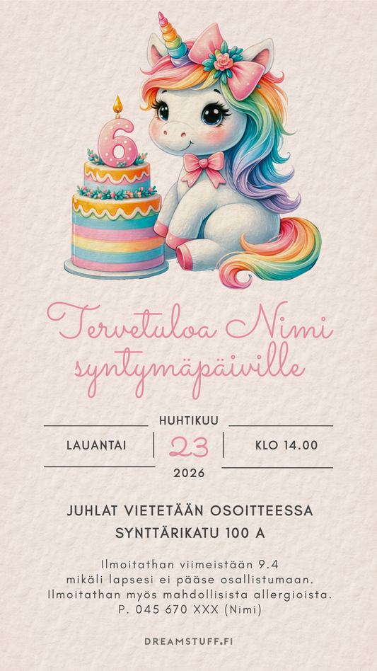 Digitala barninbjudningar med temat - Enhörning och tårta