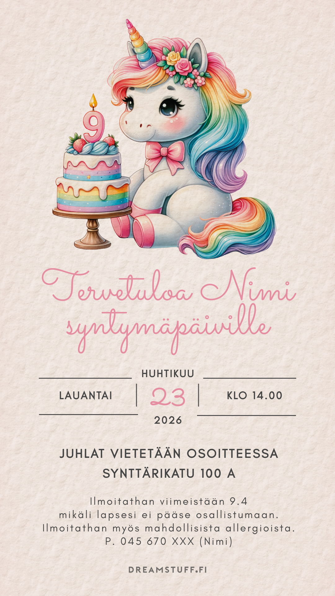 Digital children's invitations with the theme - Unicorn and cake