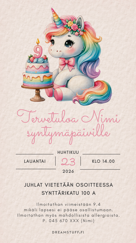 Digitala barninbjudningar med temat - Enhörning och tårta