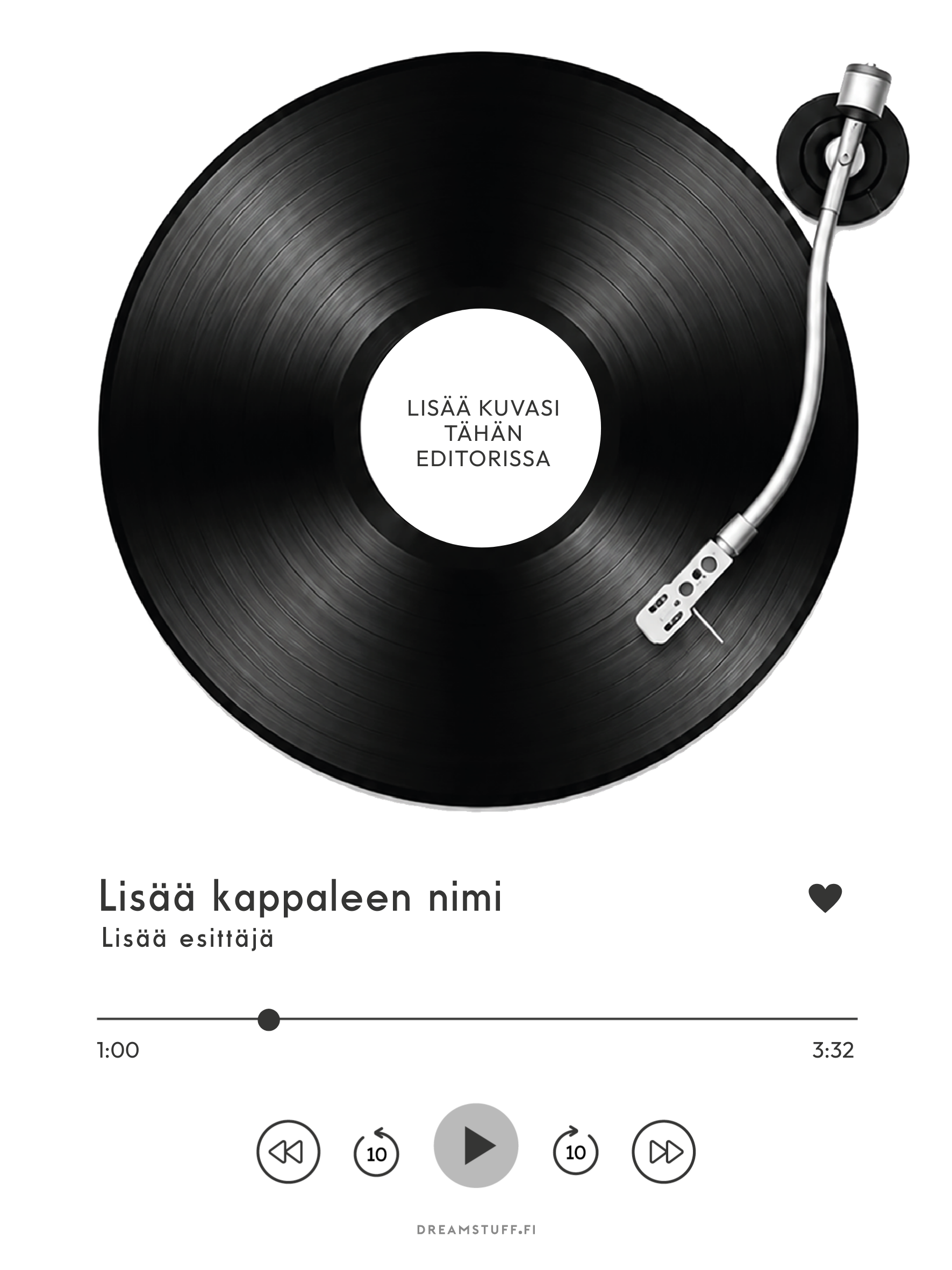 Muokattava vinyylilevyjuliste ilman lisättyä kuvaa, jossa asiakas voi lisätä oman valokuvan, kappaleen nimen ja esittäjän Corjl-editorissa.