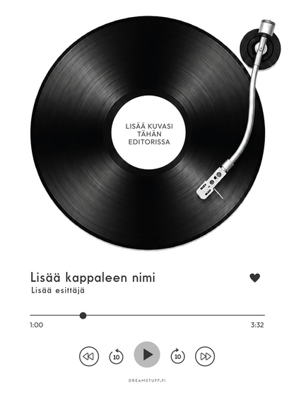 Muokattava vinyylilevyjuliste ilman lisättyä kuvaa, jossa asiakas voi lisätä oman valokuvan, kappaleen nimen ja esittäjän Corjl-editorissa.
