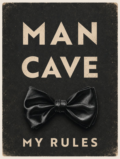 Man Cave My Rules -juliste vintage-tyylisellä tekstuurilla. Musta rusettiaiheinen sisustusjuliste miehelle, kotibaariin, työhuoneeseen tai harrastetilaan. Tulostettava 30 x 40 cm juliste.