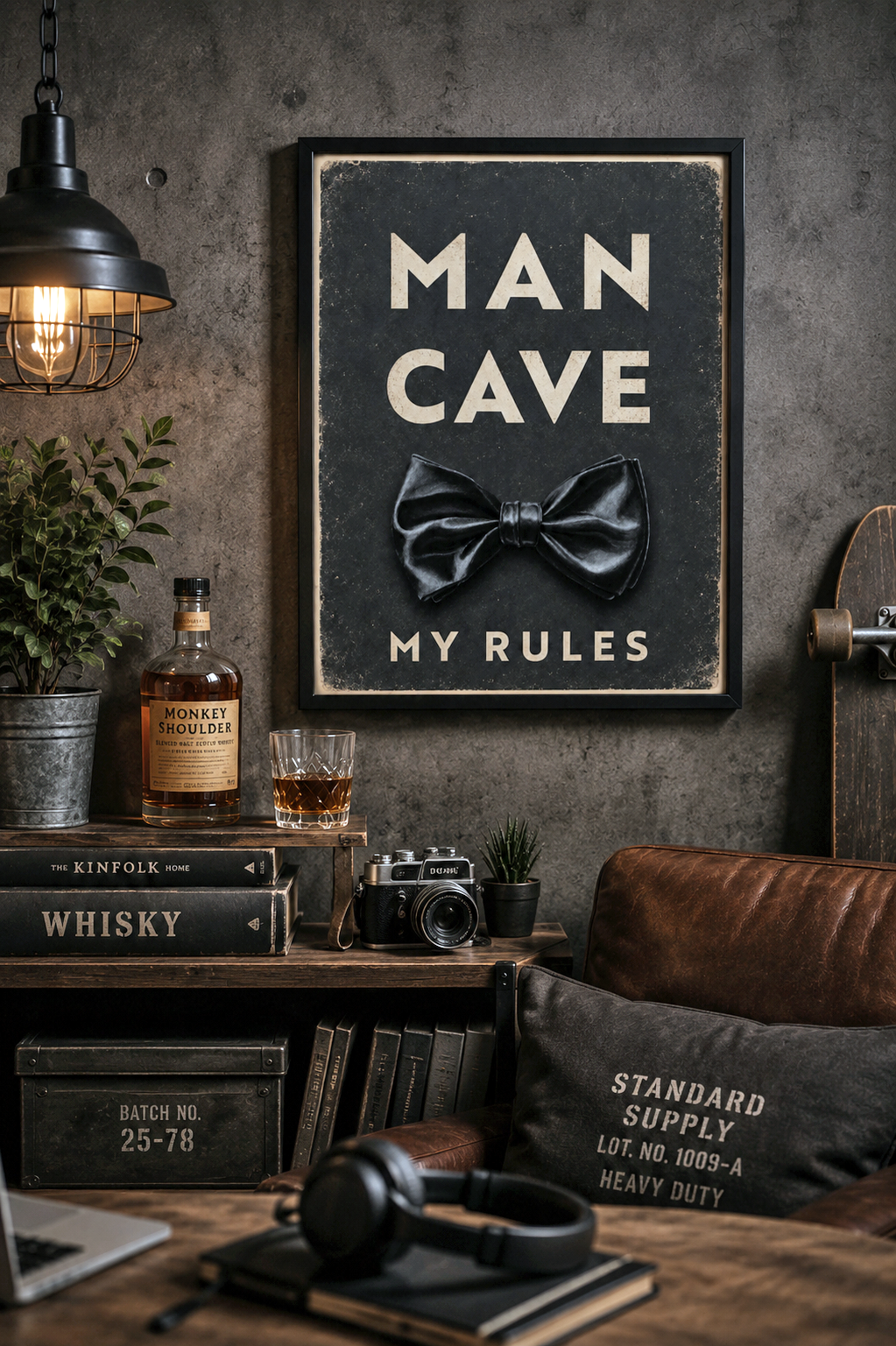 Vintage-henkinen Man Cave -juliste mustissa kehyksissä miehen työhuoneen seinällä. Tyylikäs miesluolan sisustus yhdistää viskibaarin, nahkatuolin ja industrial-henkisen sisustuksen. Tulostettava 30 x 40 cm sisustusjuliste miehelle.