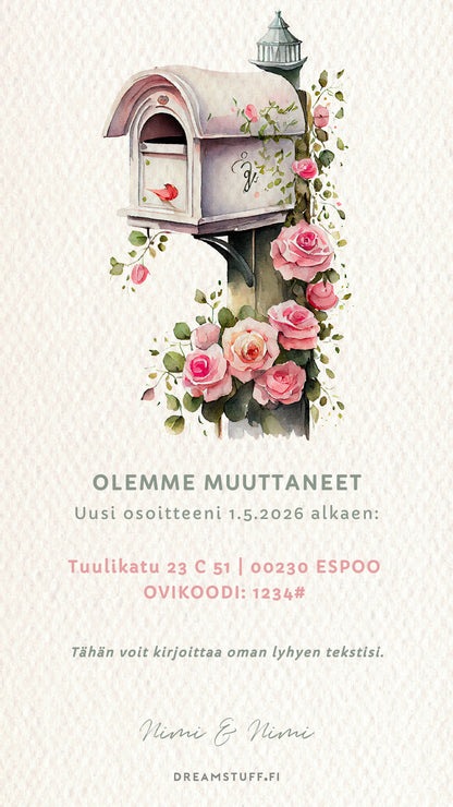 Digitaalinen muuttoilmoitus - Postilaatikko ja ruusut | Muokattava ilmoitus JPG