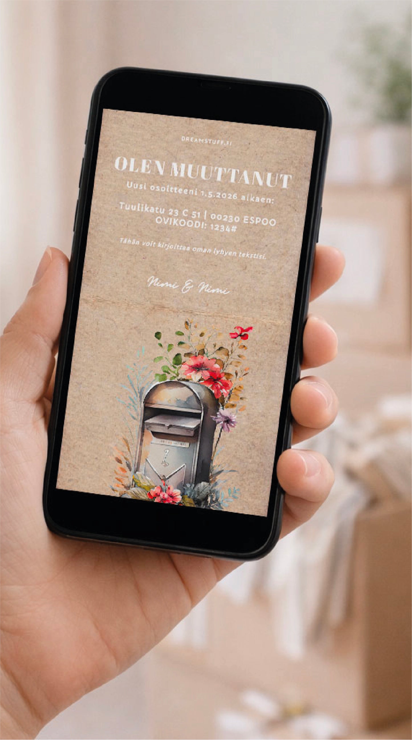 Digitaalinen muuttoilmoitus - Postilaatikko | Muokattava ilmoitus JPG