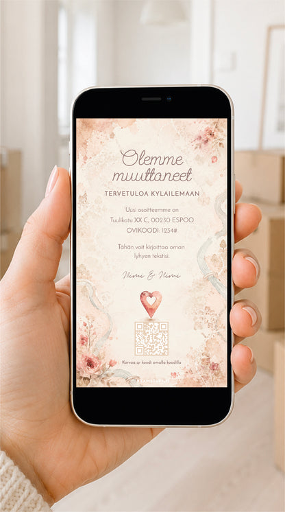 Digitaalinen muuttoilmoitus ja sähköinen osoitteenmuutosilmoitus. Muokattava muuttoilmoitus QR-koodilla, jonka voi lähettää helposti WhatsAppilla tai sähköpostilla.