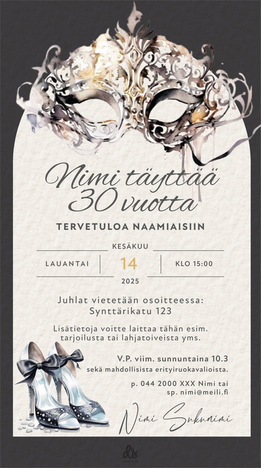 Digitaalinen syntymäpäiväkutsu aikuisille - Naamiaiset