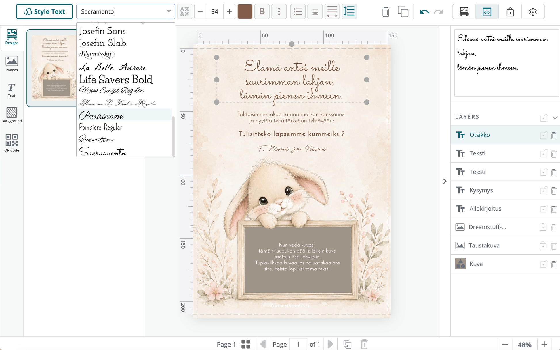 Muokattava Tulisitko kummiksi -kortti omalla kuvalla Corjl-editorissa – printable kummipyyntö vauvan kuvalla Dreamstuff
