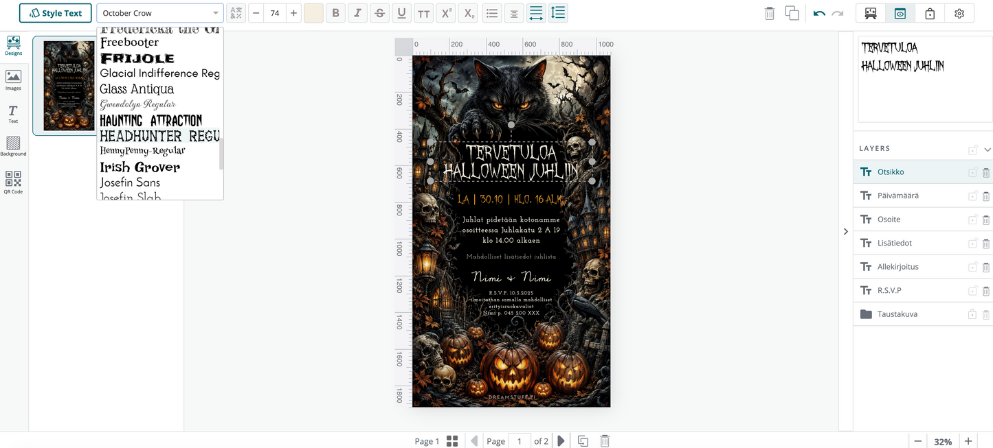 Sähköisen Halloween-kutsun muokkaaminen Corjl-editorissa – tekstejä, fontteja, värejä ja asettelua voi muokata selaimessa.