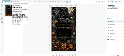 Sähköisen Halloween-kutsun muokkaaminen Corjl-editorissa – tekstejä, fontteja, värejä ja asettelua voi muokata selaimessa.