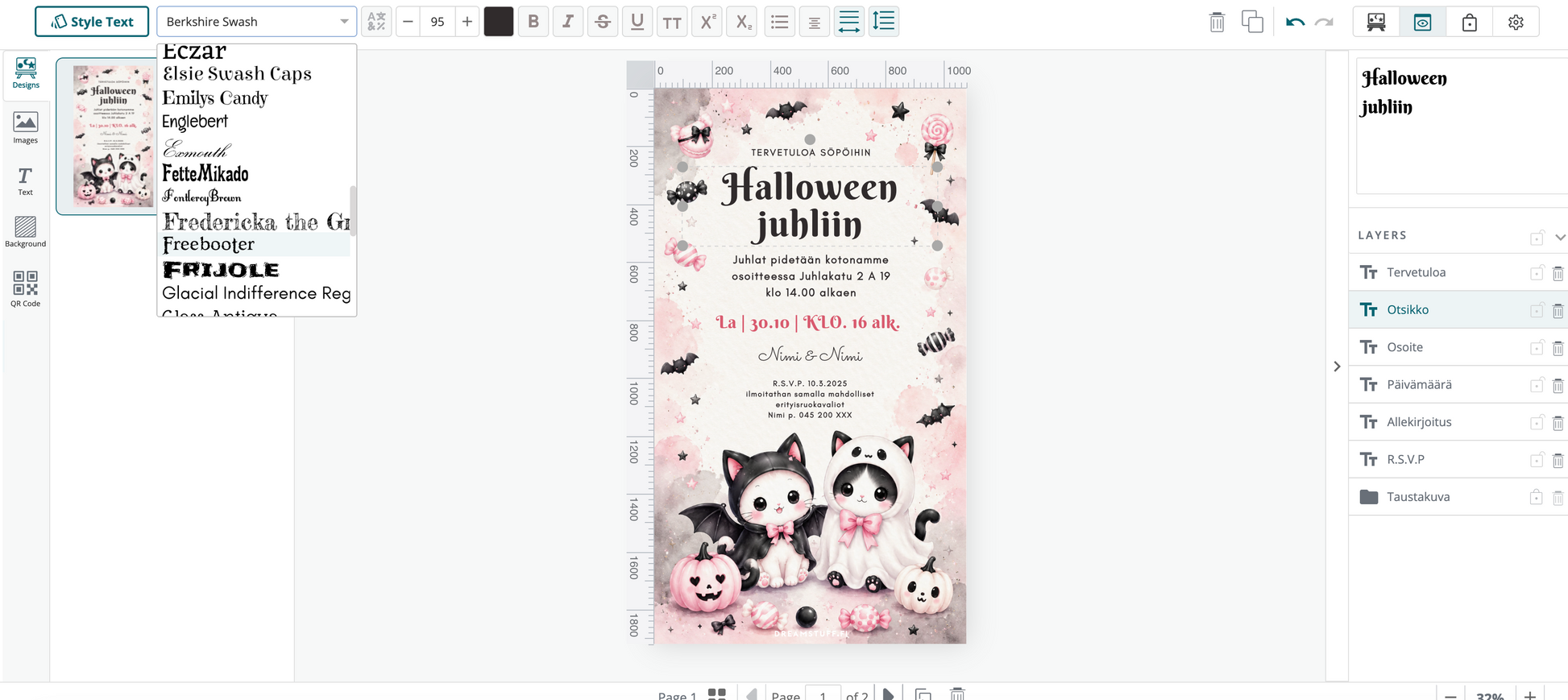 Muokattava sähköinen Halloween-kutsu Corjl-editorissa, jossa kutsun tekstejä, fontteja, värejä, kokoa ja asettelua voi muokata selaimessa.