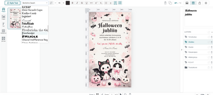 Muokattava sähköinen Halloween-kutsu Corjl-editorissa, jossa kutsun tekstejä, fontteja, värejä, kokoa ja asettelua voi muokata selaimessa.