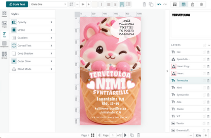 Digital children's invitations with the theme - Unicorn and cake